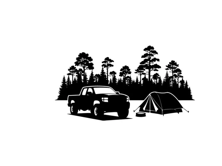 Camping silhouette of a truck and tent in a forest