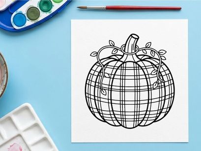 Plaid pumpkin line art illustration. Autumn harvest vegetable drawing with tartan pattern.