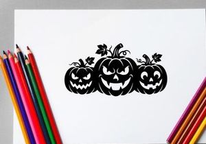Silhouettes of three carved Halloween pumpkins with vines and leaves
