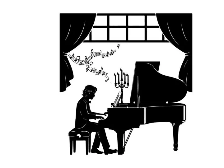Silhouette of a man playing a grand piano