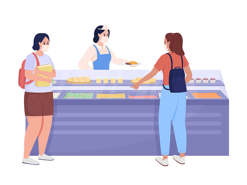 Students buy food in school semi flat color vector characters