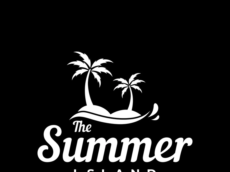 Summer vacation creative logo on the beach with symbols of waves, palm trees and surfboards in retro style.Emblem,label, poster,badge.