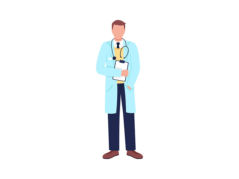 Caucasian doctor with stethoscope and clipboard flat color vector faceless character