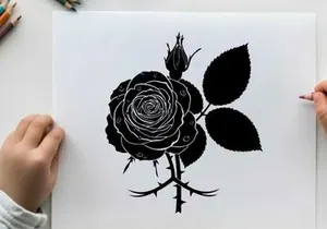 Silhouette of a detailed black rose with leaves and thorns