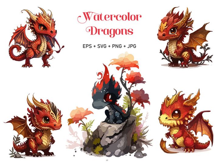 Cute Baby Dragon Watercolor SVG Clipart