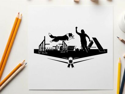 Dog and handler silhouette in dog agility silhouette course