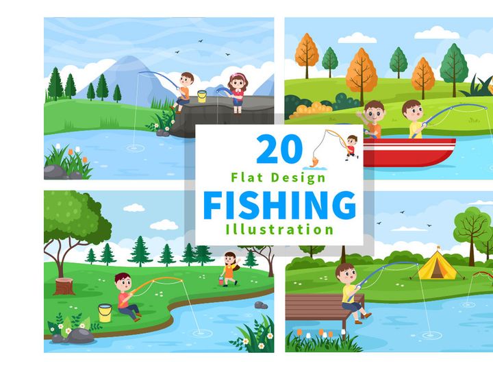 20 Children Fishing Fish Vector Illustration