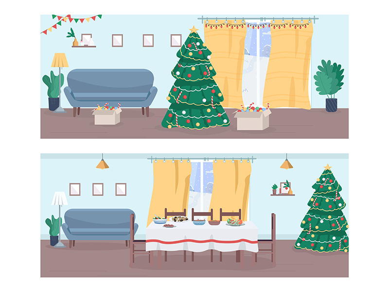 Christmas home semi flat vector illustration set