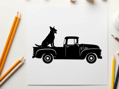 Silhouette of a dog sitting in the back of a vintage pickup truck