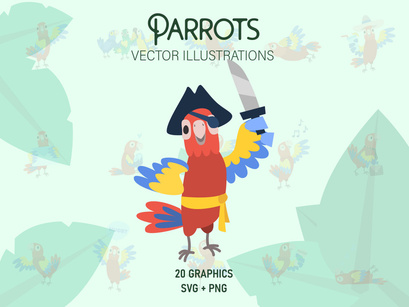 Funny cartoon parrots vector illustrations set.