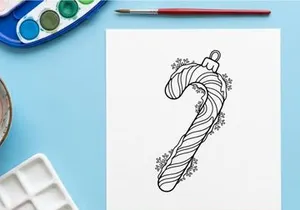 Christmas candy cane ornament line art illustration with snowflakes for holiday coloring page