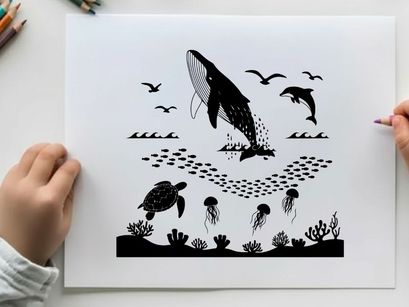 Underwater scene with silhouette of marine life