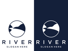 Logos of rivers, creeks, riverbanks and streams. River logo with combination of mountains and farmland with vector concept design.
