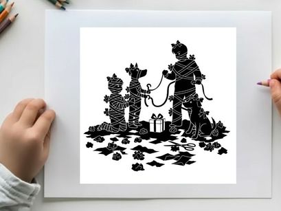 Silhouette of man and two dogs on a walk with gifts