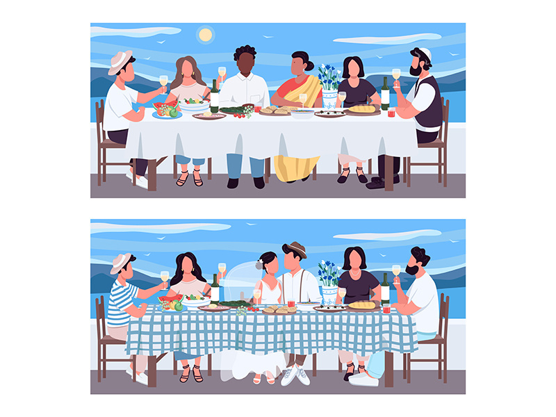 Greek banquet flat color vector illustration set