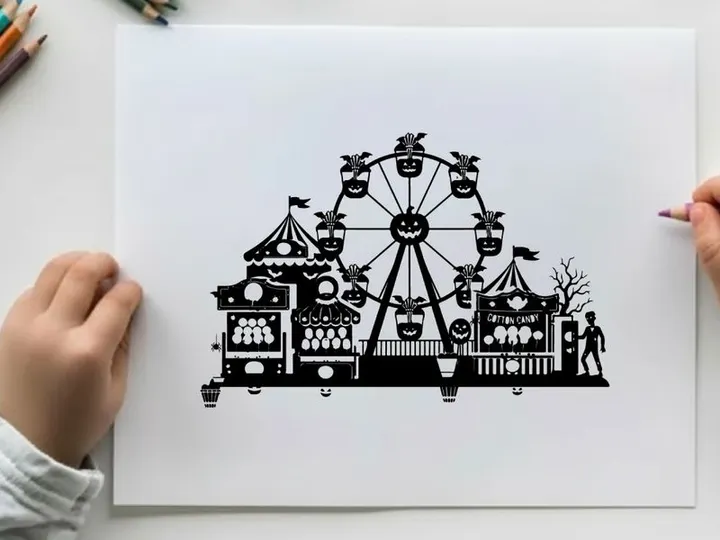Silhouette of a classic carnival with a ferris wheel silhouette
