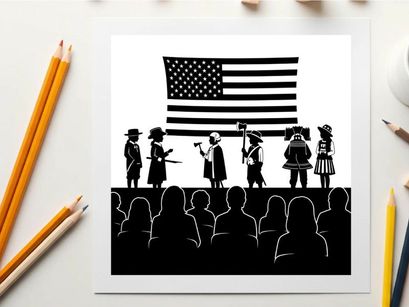 American silhouette patriotic performance with flag and actors