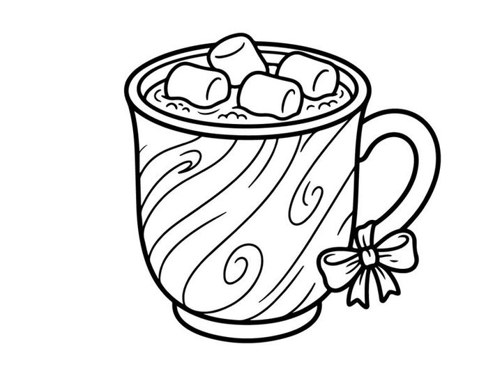 Linienkunst-Illustration einer Tasse mit Marshmallows und einer Schleife