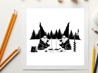 Two gnomes ice fishing in silhouette with trees and equipment