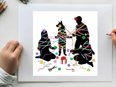 Silhouette of a family and dog wrapped in colorful yarn with gifts