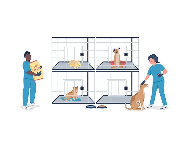 Veterinarian with dogs in cages flat color vector detailed characters