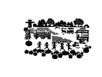 Silhouette of a lively autumn festival with people and pumpkins