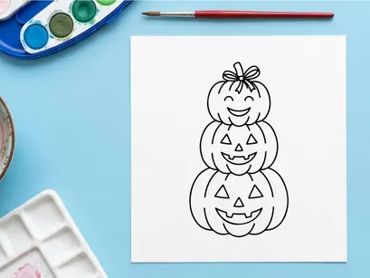 Pila familiar de calabazas de Halloween con caras sonrientes. Trío de calabazas de jack-o'-lanterns estilo cartoon celebrando juntos la temporada de miedo.