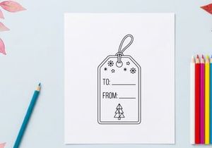 Schwarz-weißes Weihnachtsgeschenk-Etikett mit Baum- und Schneeflocken-Symbolen