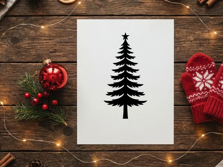 Siluet pohon Natal hitam dengan hiasan puncak bintang terisolasi di latar belakang putih.