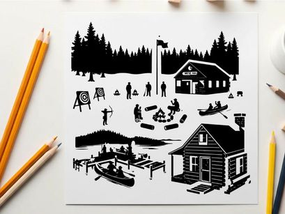 Winter camp silhouette scene with people and buildings