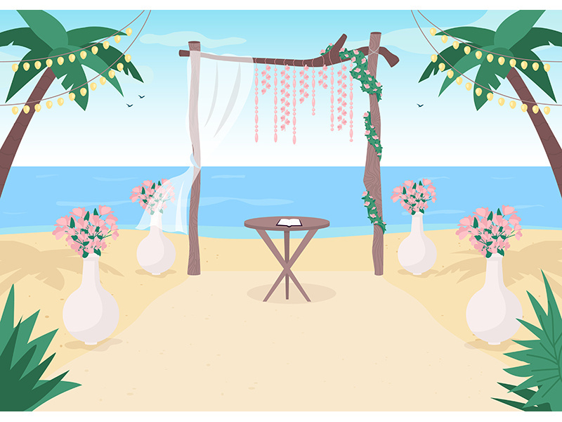 Beach wedding flat color vector illustration