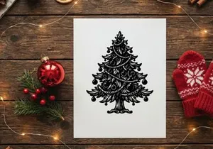 Hand drawn Christmas tree illustration with ornaments and garlands in black and white.