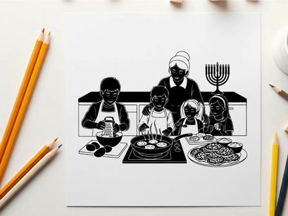 Family cooking together in a hanukkah silhouette