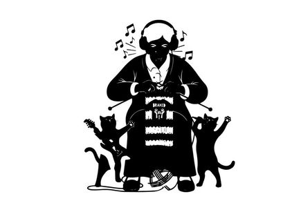 Silhouette of a person with cats and music silhouette