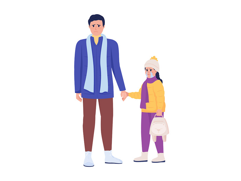 Dad holding weeping daughter hand color vector characters