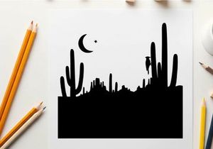 Desert night silhouette with cacti and moon