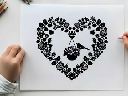 Silhouette of a bird perched on a hanging heart shaped floral arrangement