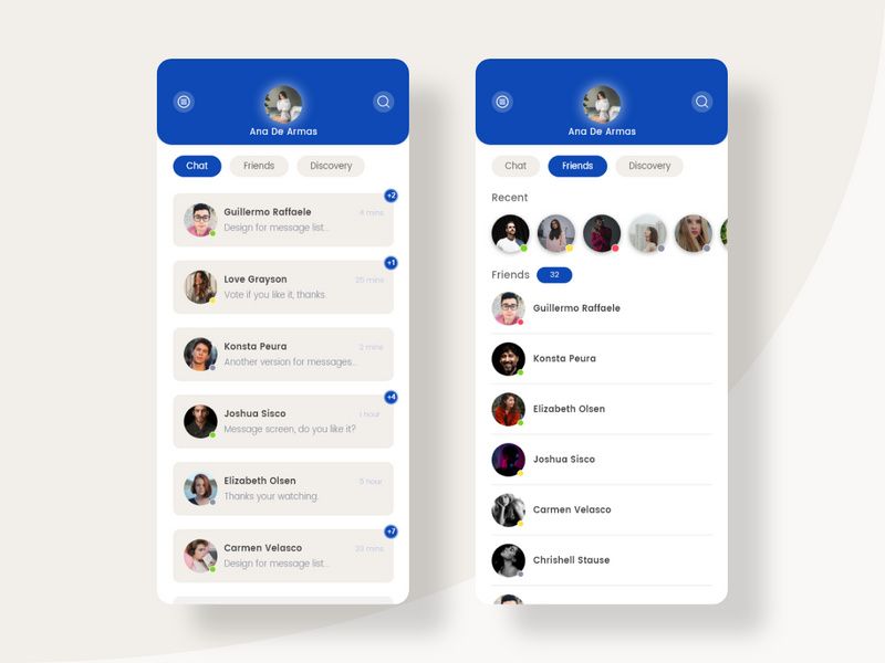 Chat and Friends screens for Social app