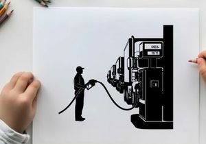 Silhouette of a man refueling a semi truck at a gas station