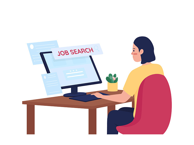 Woman searching for job online flat color vector detailed character