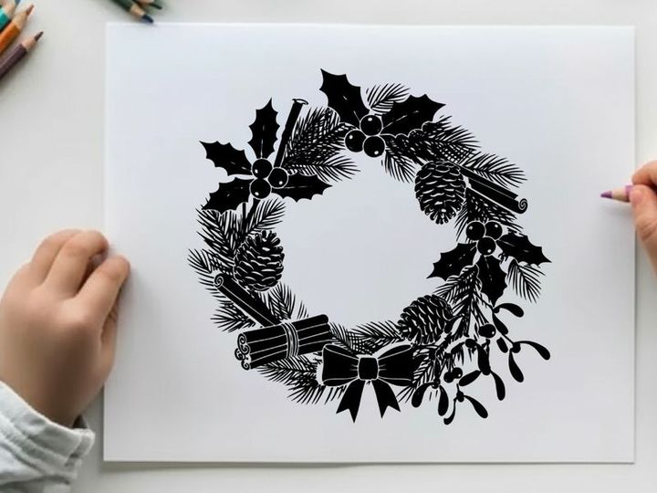 Vintage christmas wreath silhouette with ribbons and pinecones