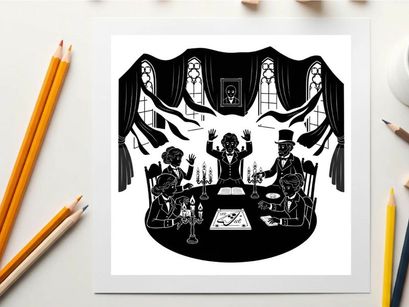 Silhouette of three people gathered around a ouija board in a dimly lit room