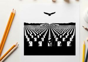 Silhouette of eagle flying over rows of white headstones in a cemetery silhouette