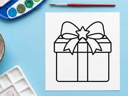 Christmas gift box icon with ribbon bow, simple black and white line art vector illustration