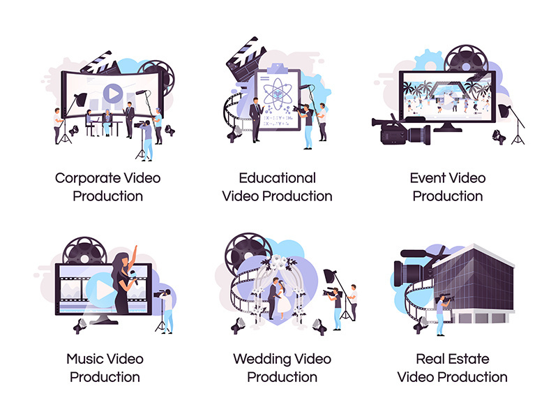 Video production flat concept icons set