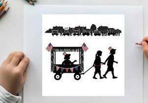 Patriotic parade silhouette with children and decorated wagon