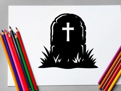 Silhouette eines Kreuzes auf einem Grabstein in einer Friedhofsszene