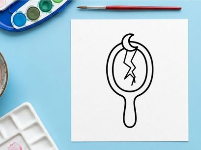 Hand mirror with lightning and moon icon. Minimalist vector graphic for spooky Halloween.