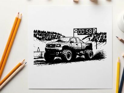 Truck racing silhouette with timer on a snowy track