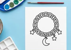 Chain bracelet with moon and stars. Celestial charm jewelry icon for coloring page.